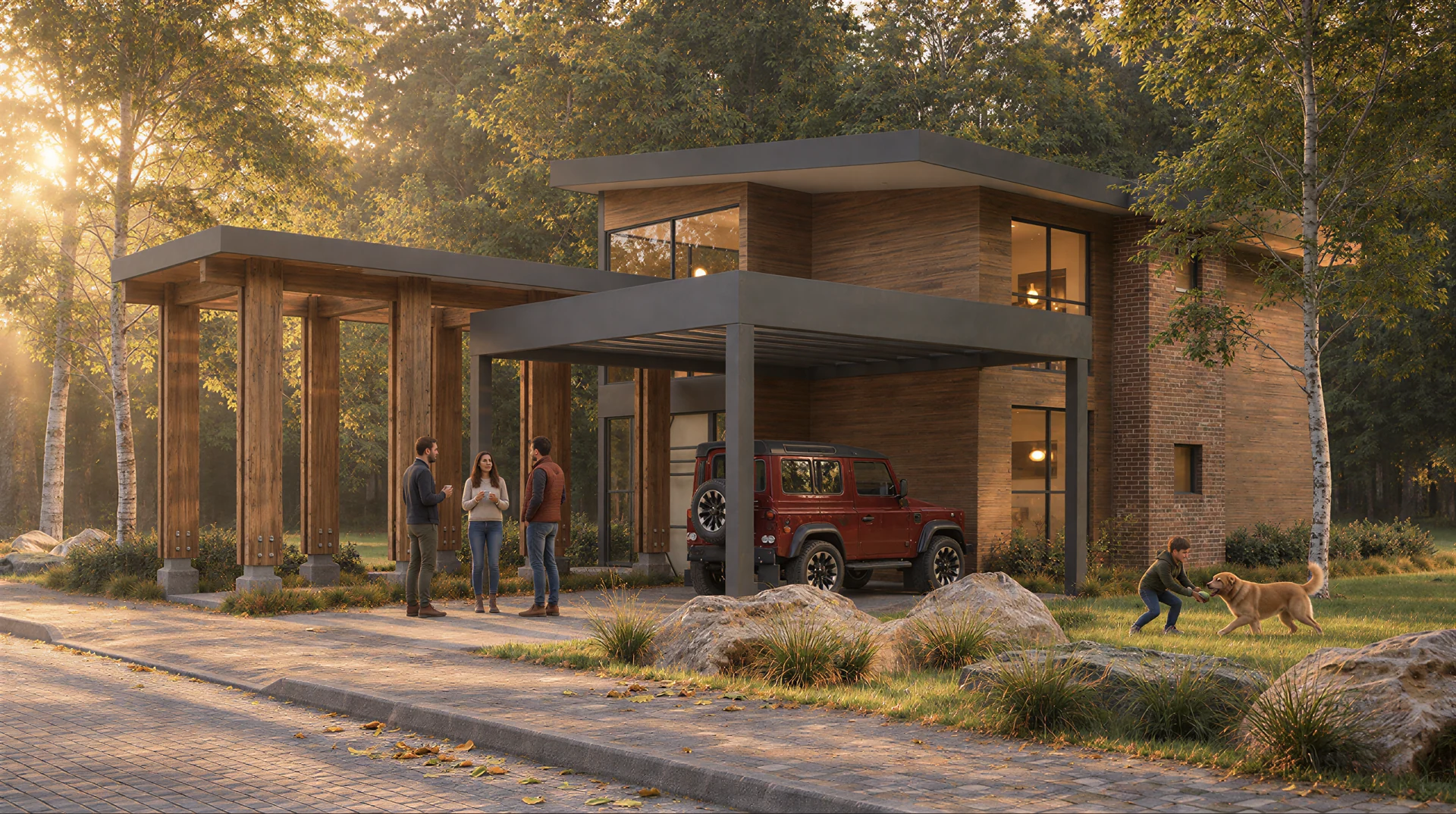 Exterior rendering: House entrance with garden
