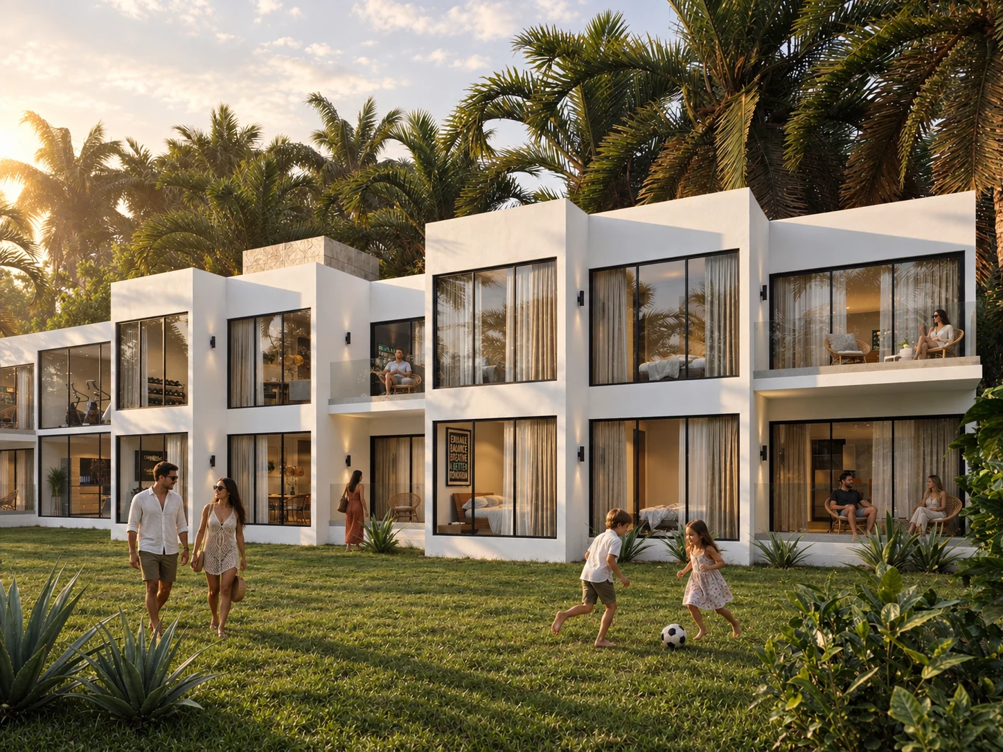 Exterior rendering: Apartments with terraces at sunset