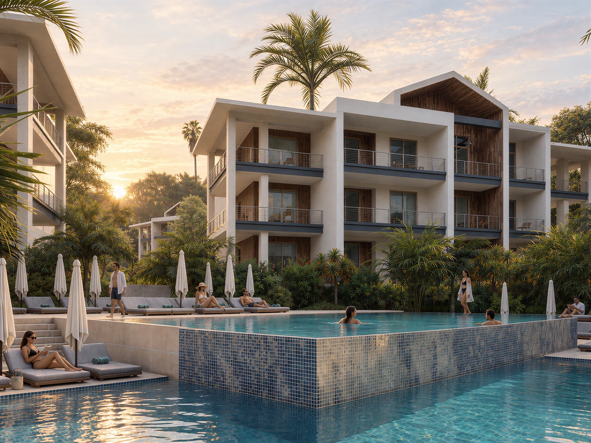 Exterior rendering: Apartments facing a pool