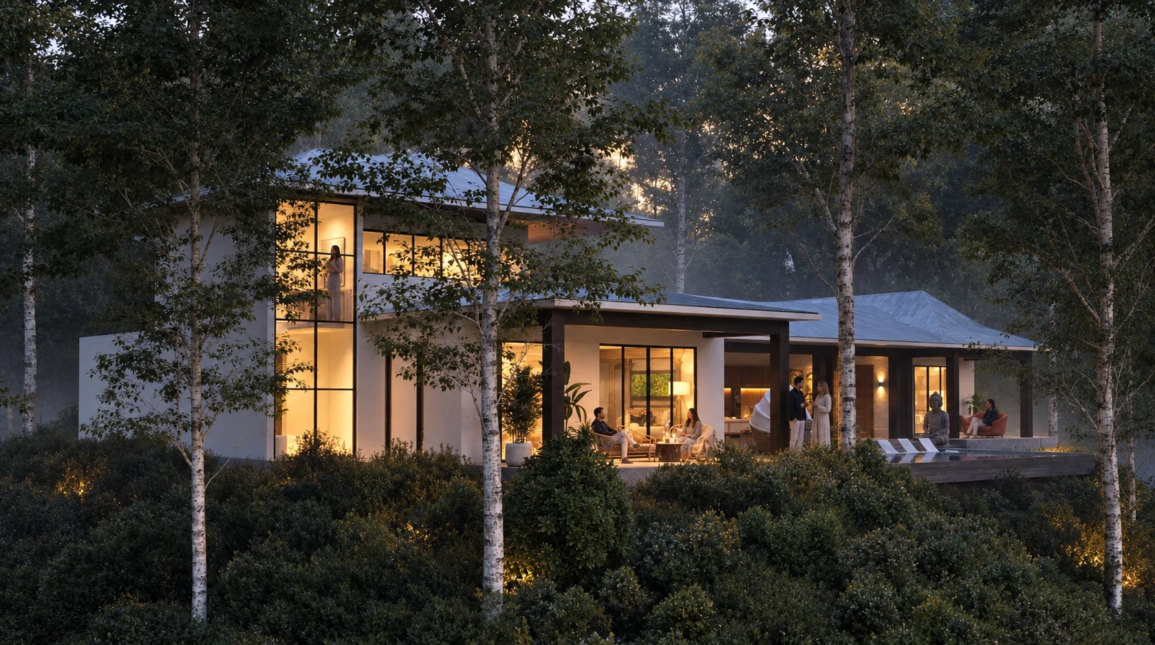 Exterior rendering: Glass-fronted house among trees