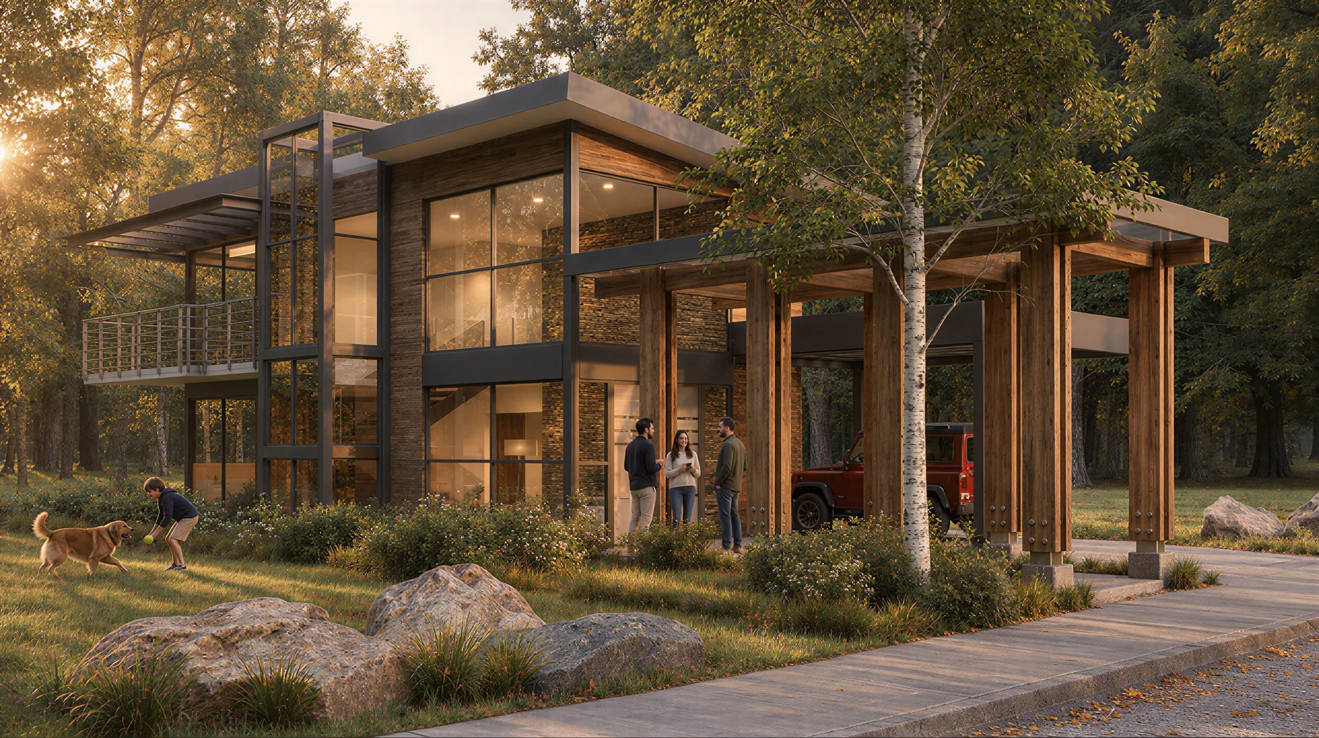 Exterior rendering: Glass-fronted house integrated into the landscape