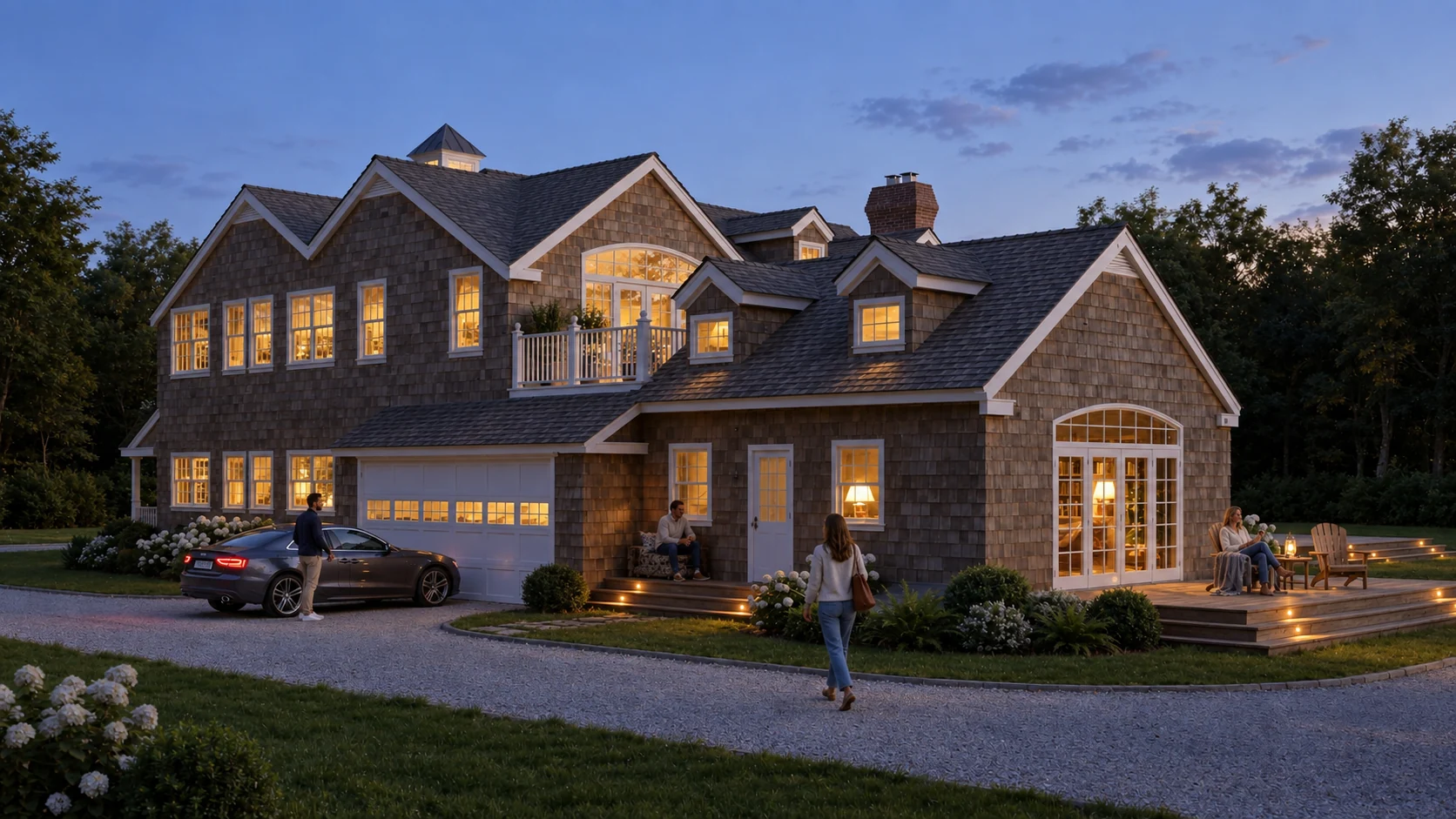 Exterior rendering: House with pitched roof at dusk