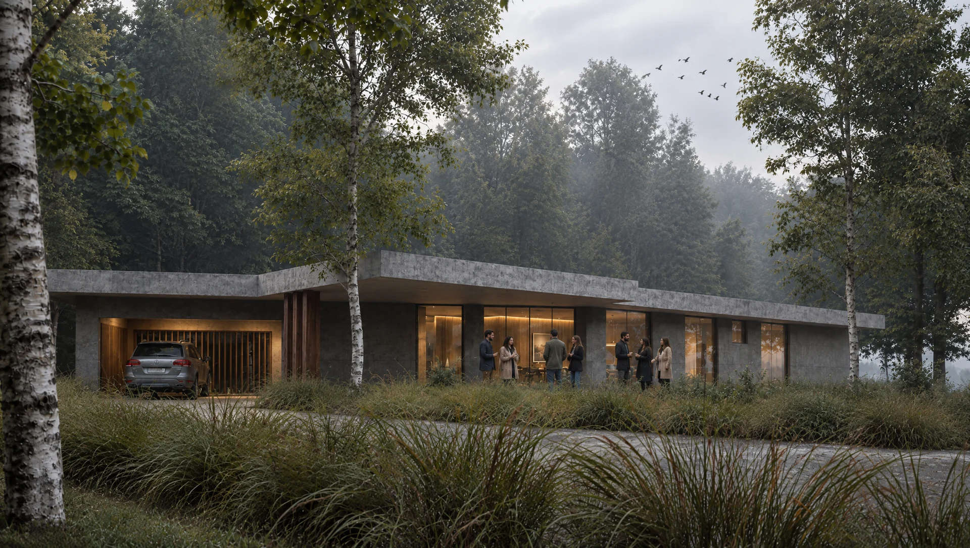 Exterior rendering: Single-storey house among trees