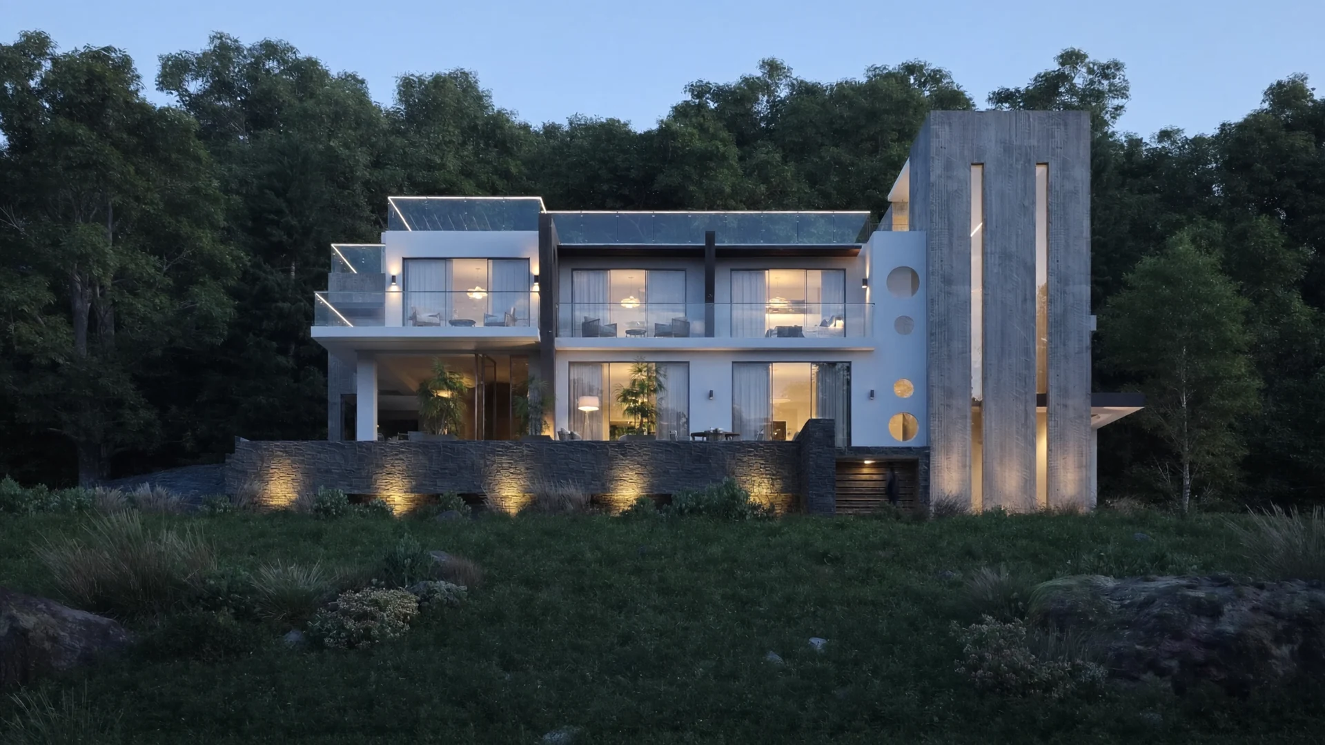 Exterior rendering: House beside a pool at dusk