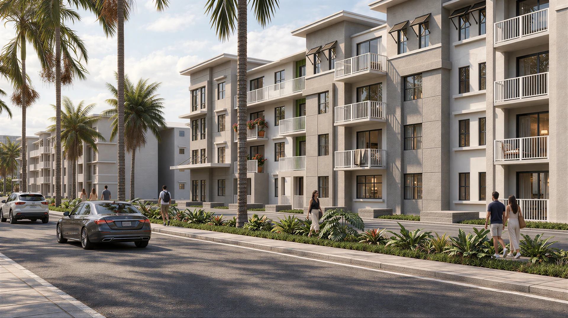 Exterior rendering: Apartment complex with palm trees