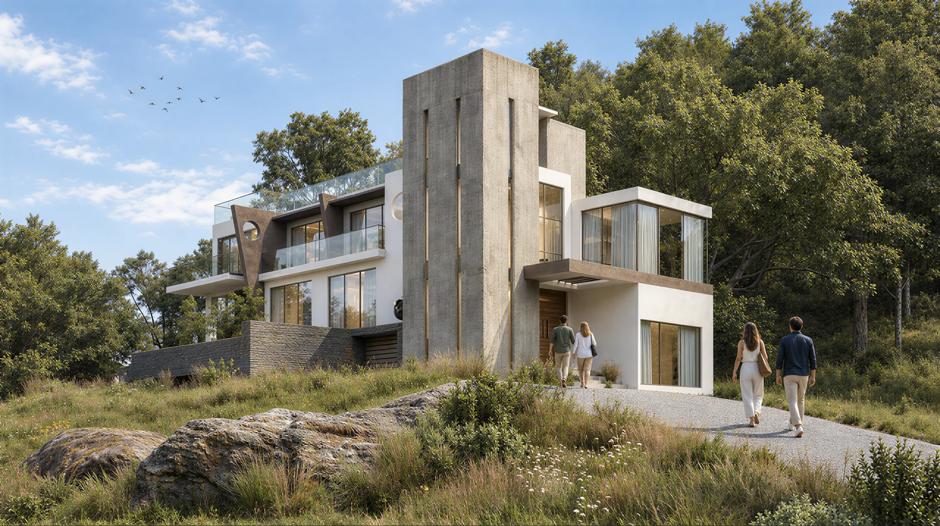 Exterior rendering: Residential complex with stepped volumes