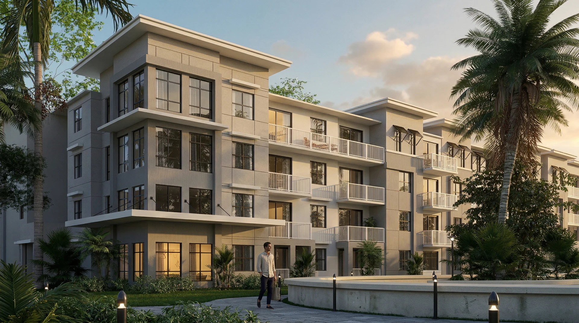 Exterior rendering: Residential facade detail with palm trees