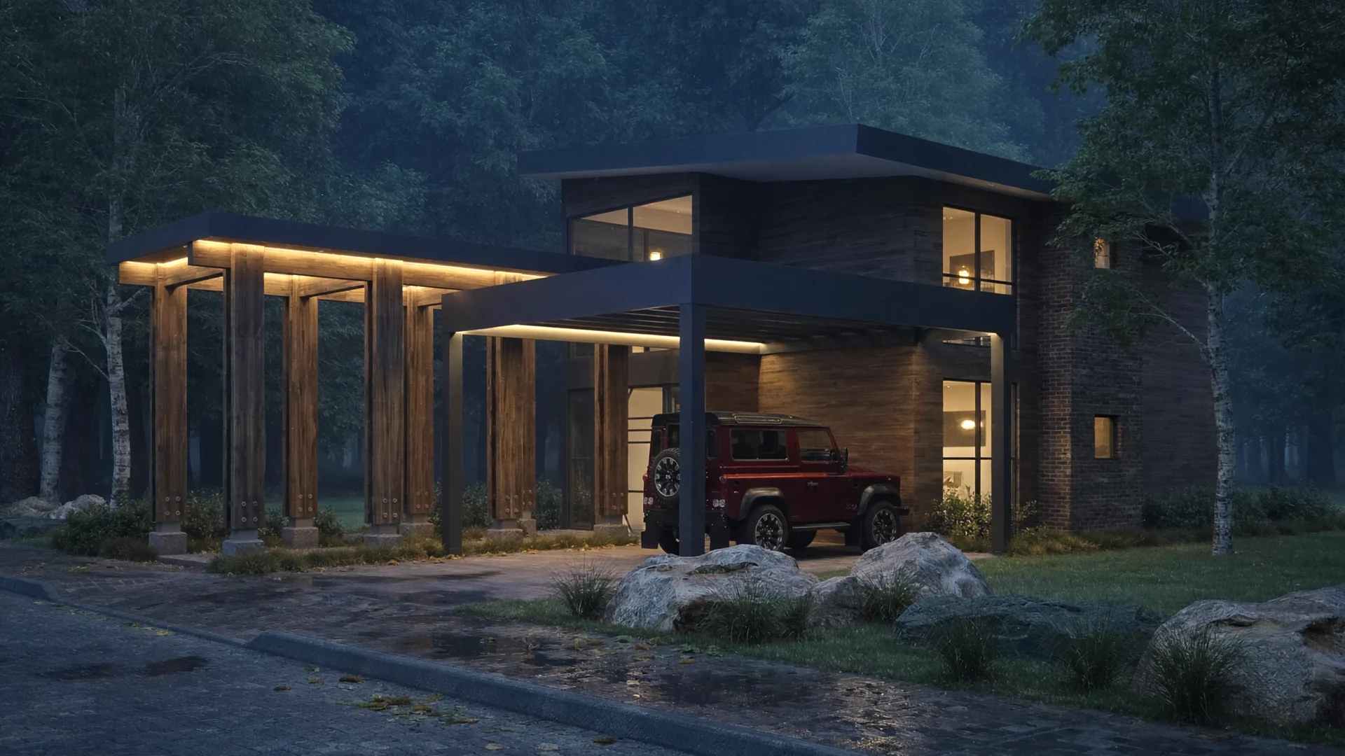 Exterior rendering: Glass pavilion with warm lighting