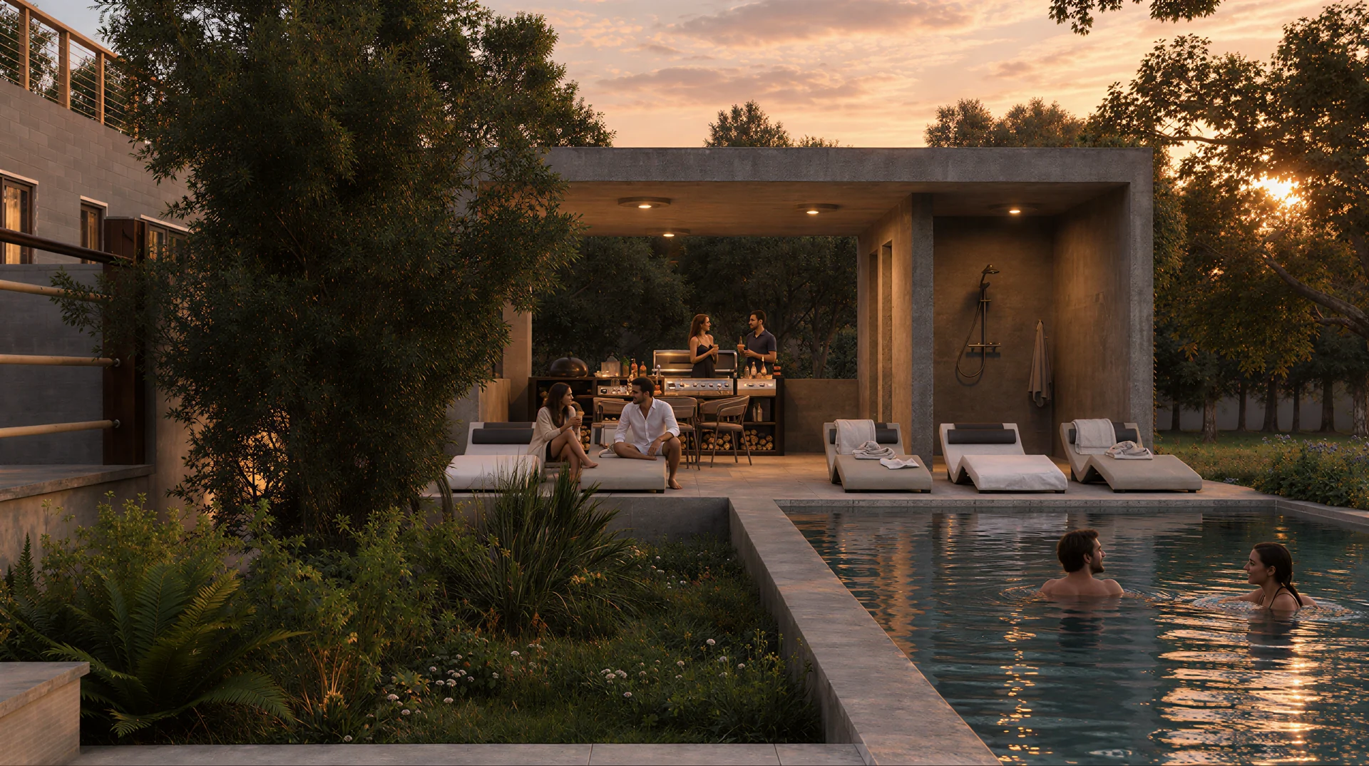 Exterior rendering: Garden walkway beside a pool