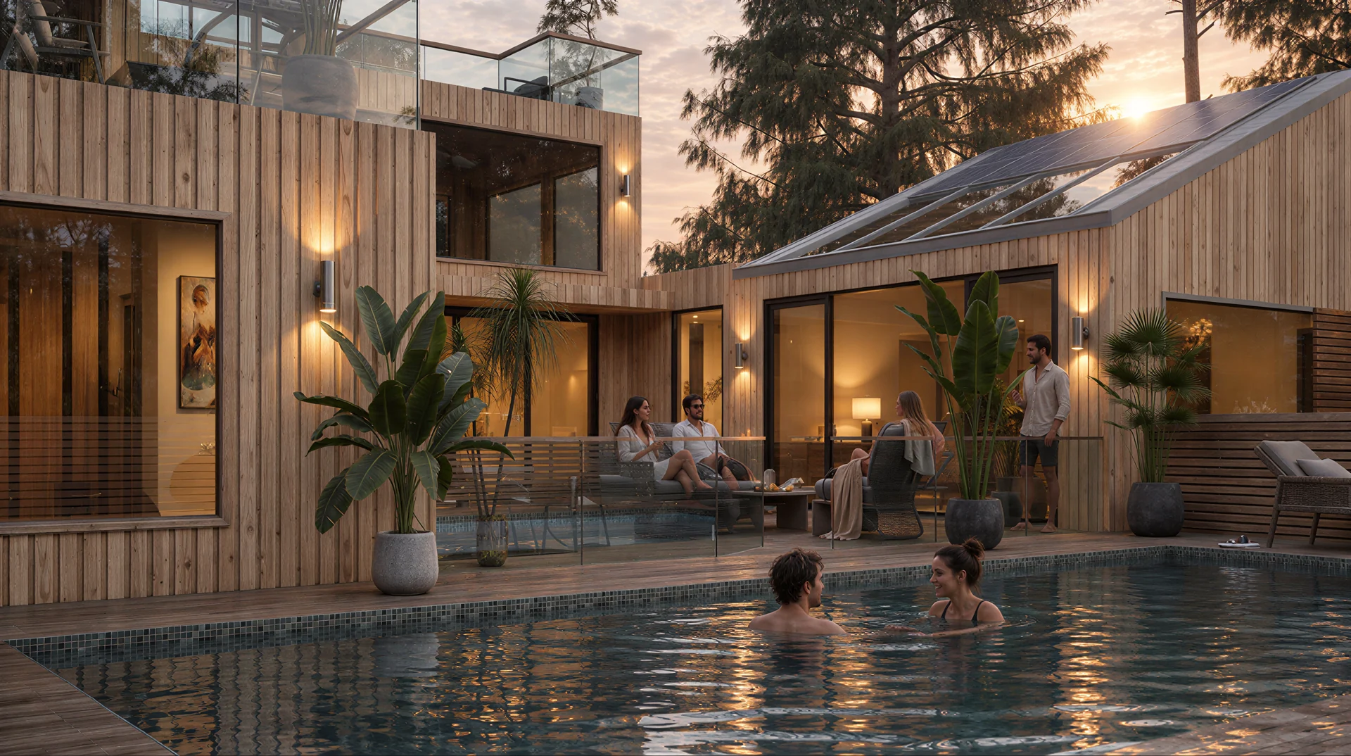 Exterior rendering: Courtyard with pool and wood cladding