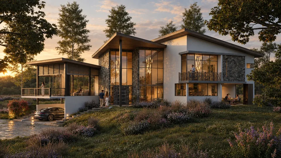 Residencia acristalada al atardecer