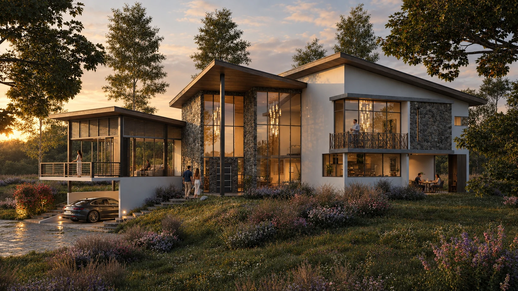 Exterior rendering: Glass-fronted residence at sunset