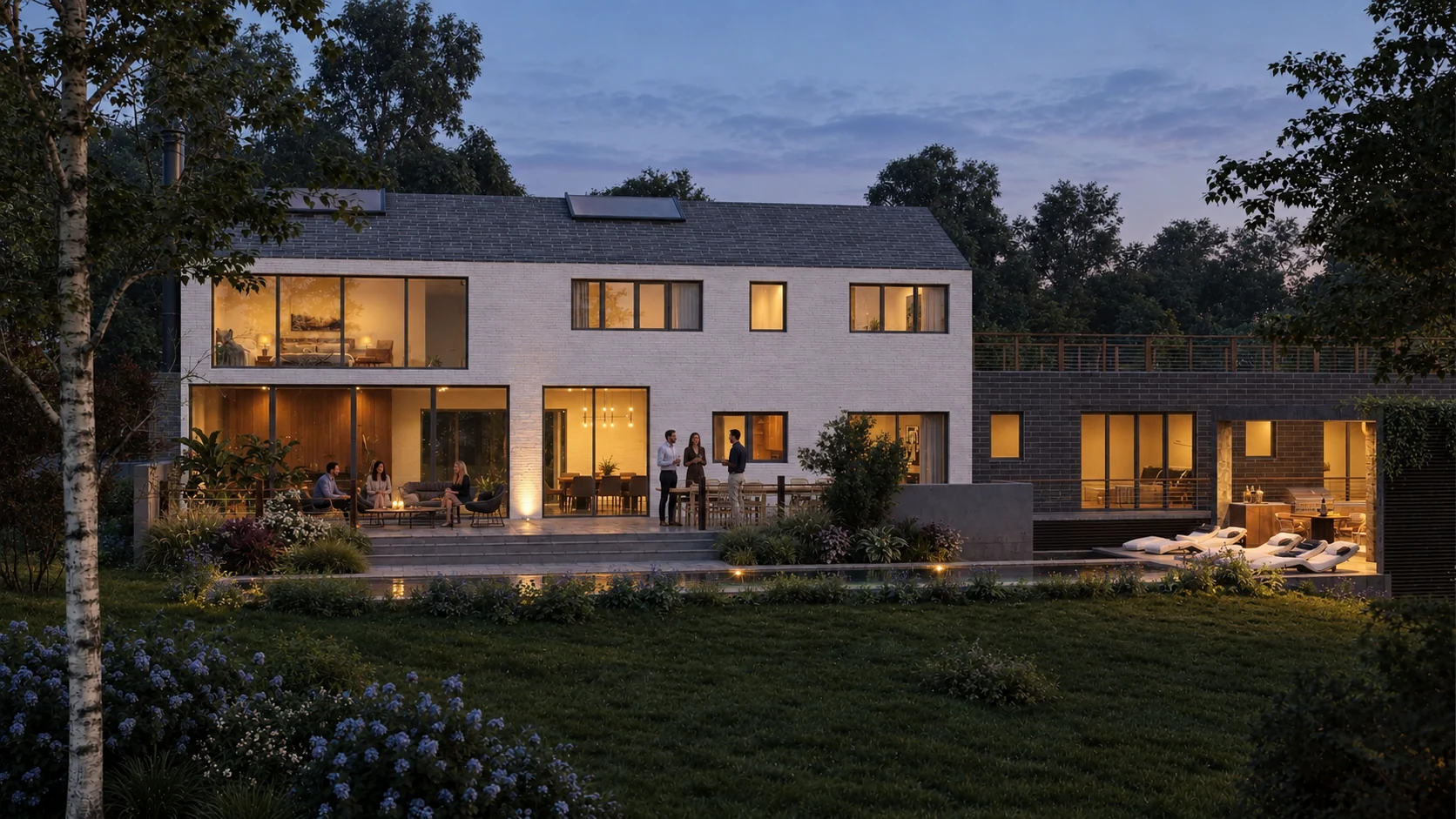 Exterior rendering: Residence at dusk with warm lighting