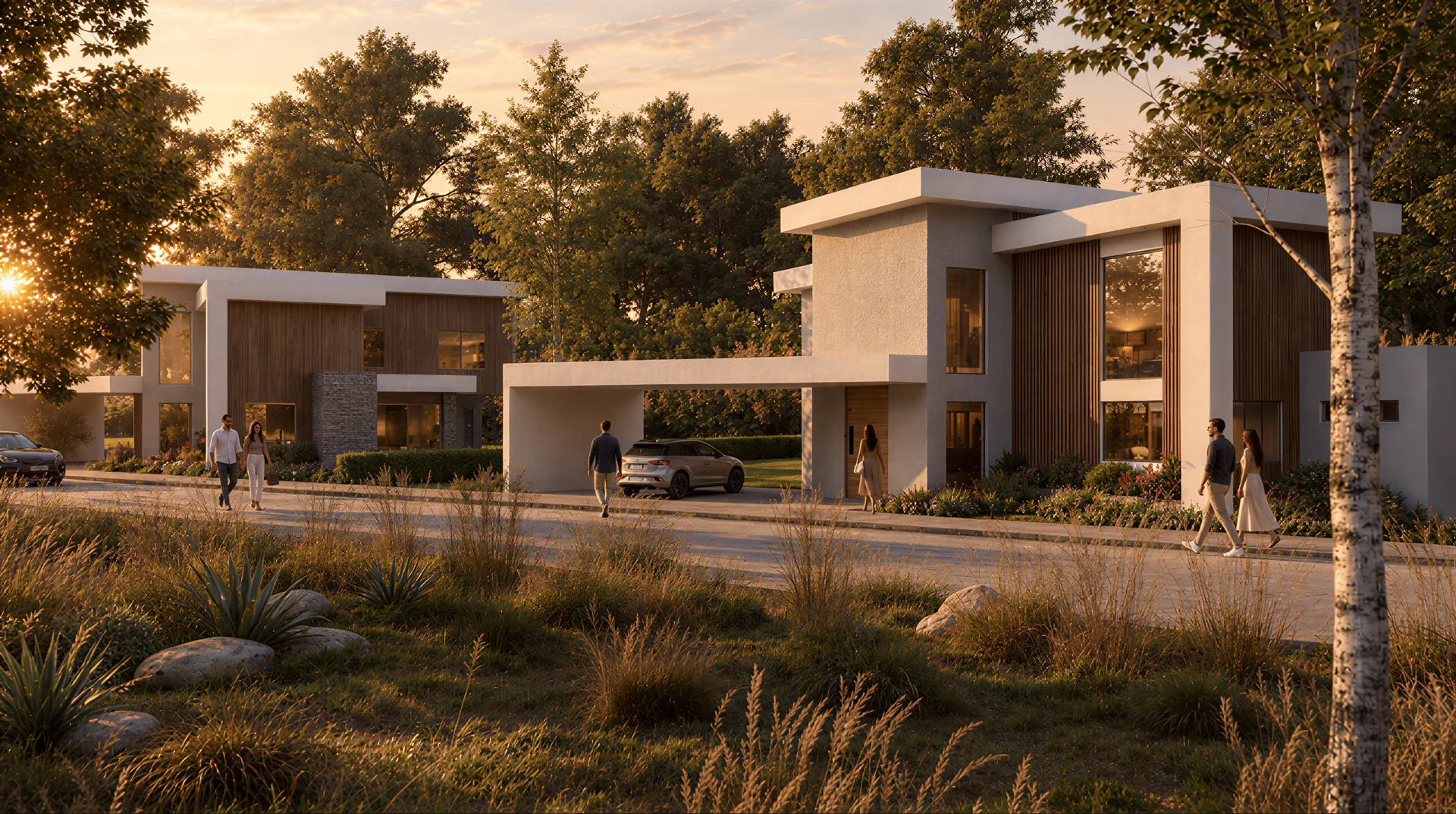 Exterior rendering: White residence and garden at sunset