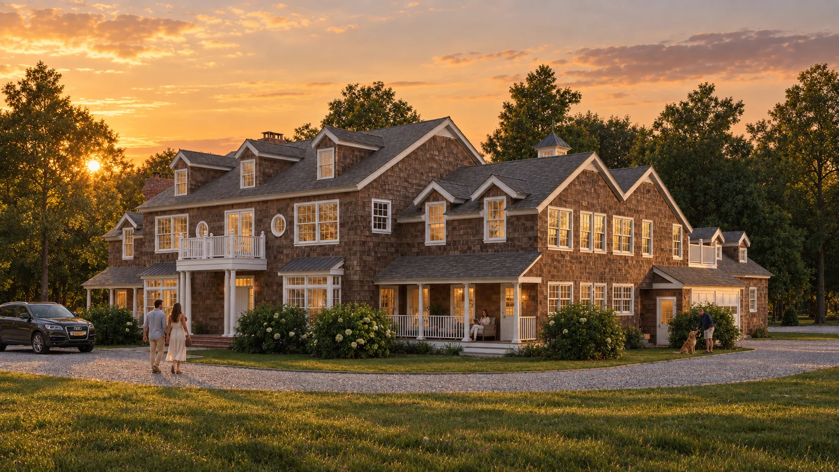 Exterior rendering: Brick residence at sunset
