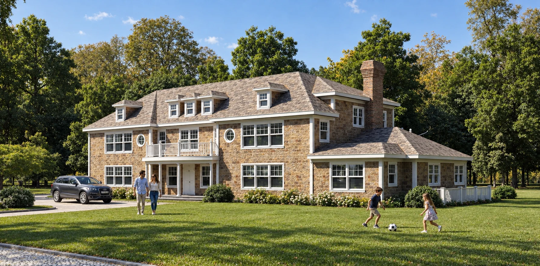 Exterior rendering: Brick residence beside a garden