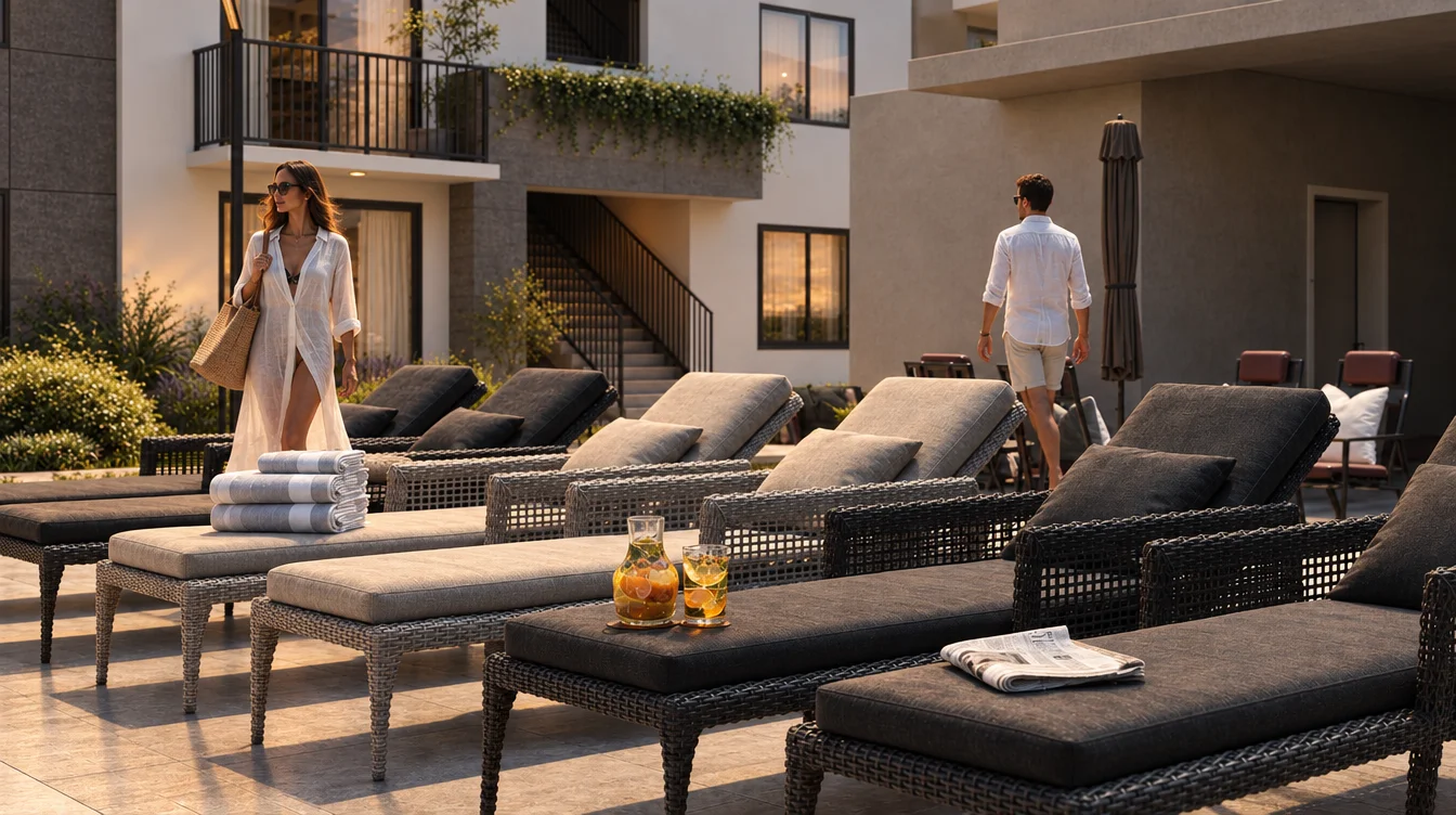 Exterior rendering: Terrace with loungers and people