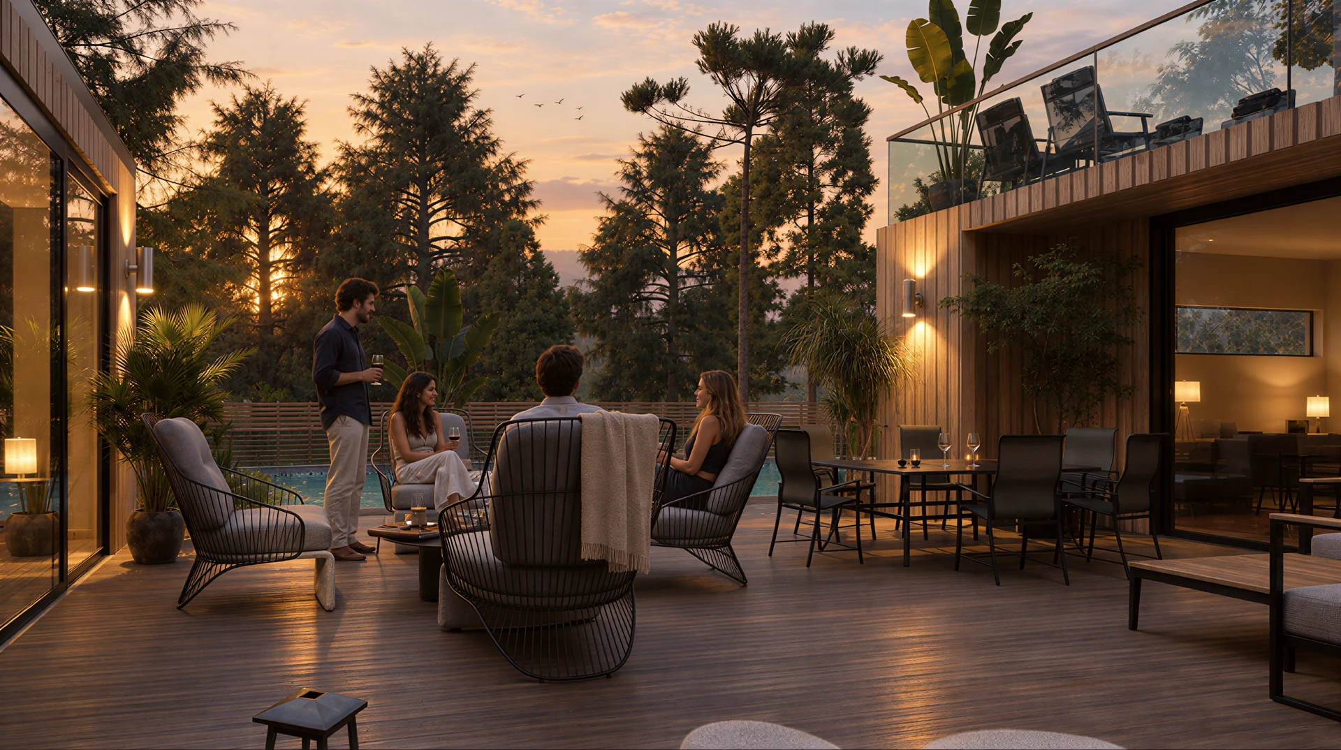 Exterior rendering: House terrace at sunset