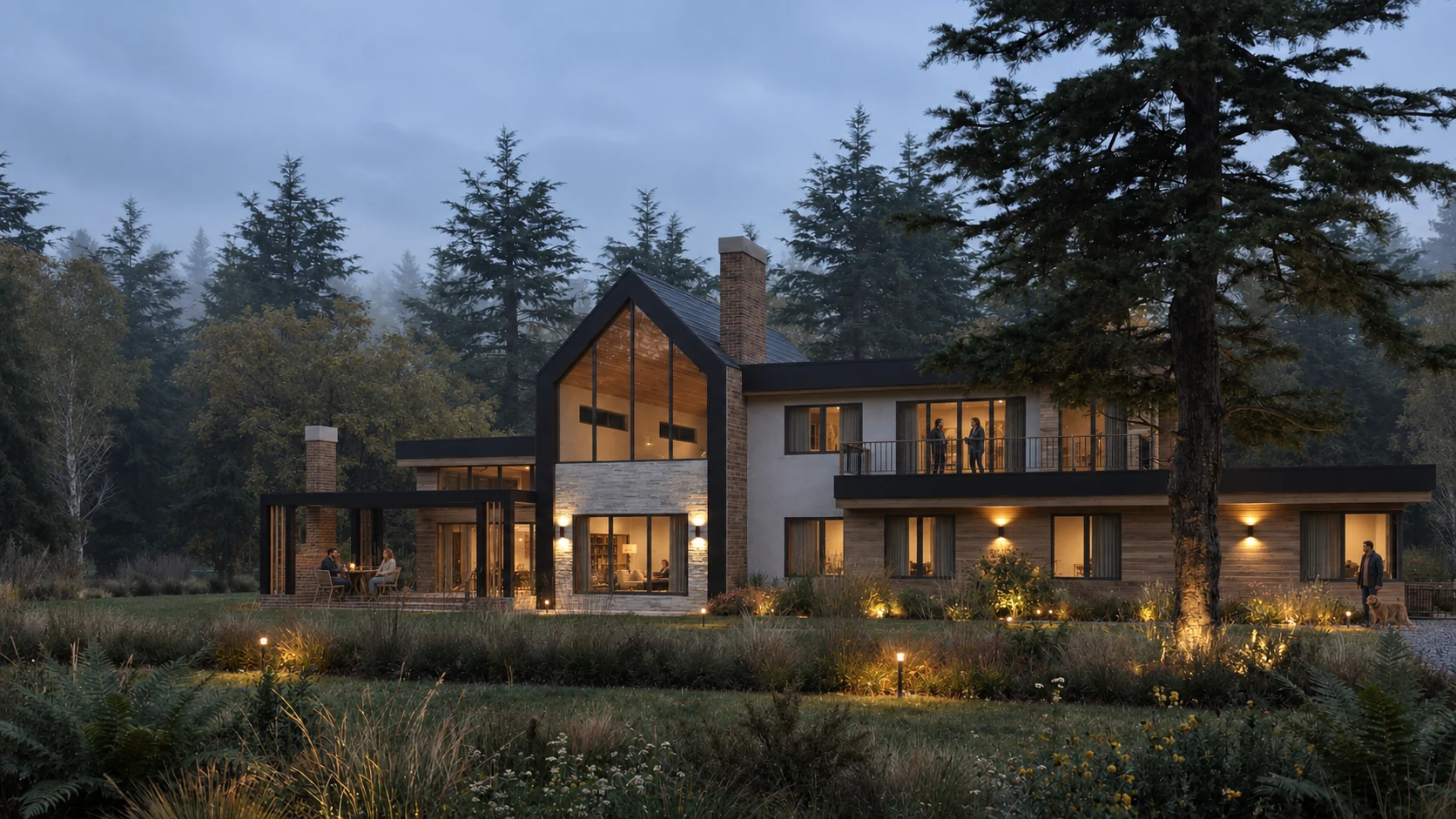 Exterior rendering: Garden and house at dusk