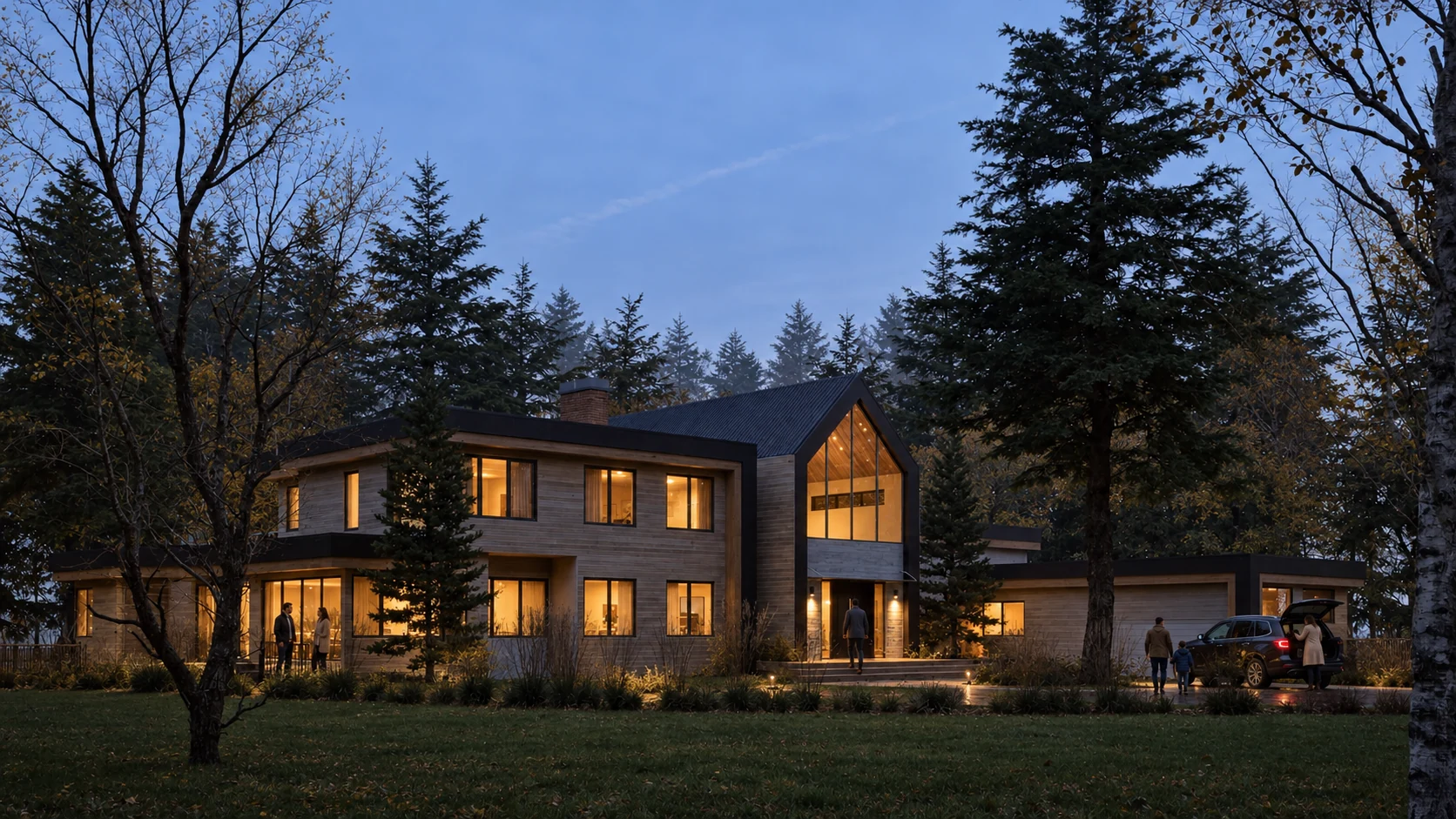 Exterior rendering: House with pitched roof at night