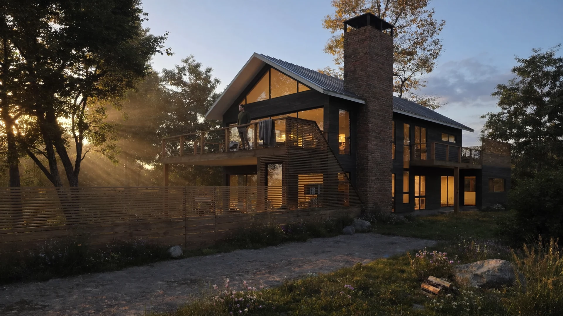 Exterior rendering: House with pitched roof among trees