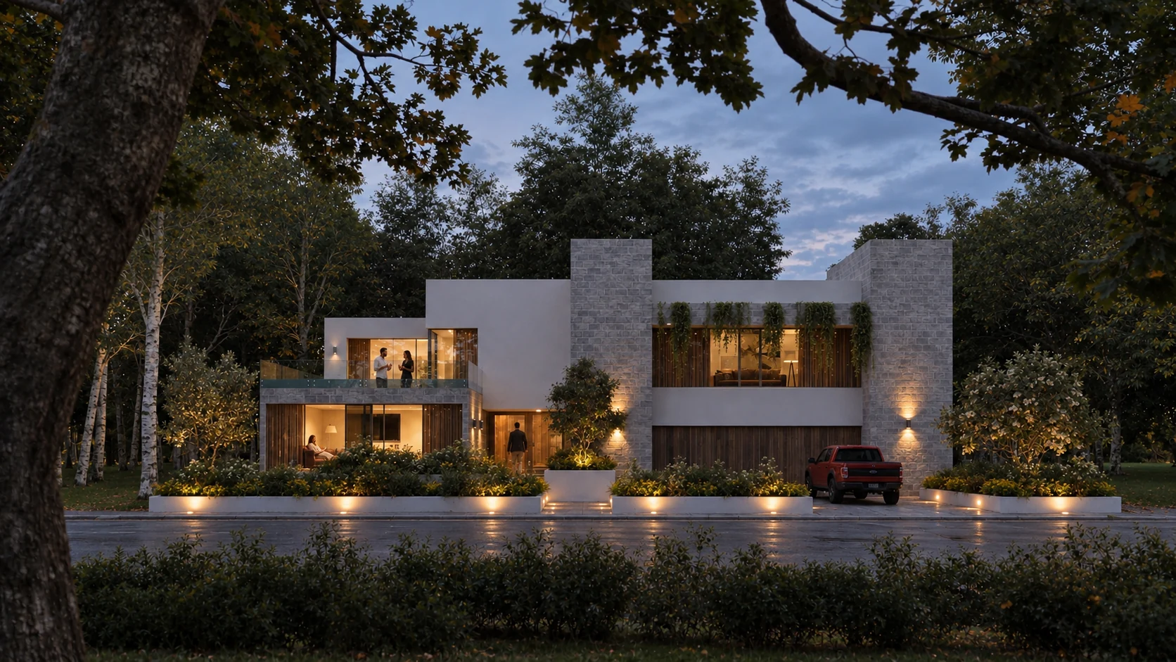 Exterior rendering: Contemporary house beside a pool