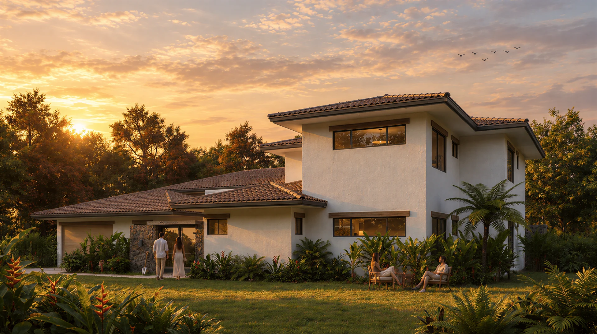 Exterior rendering: White house volumes at sunset