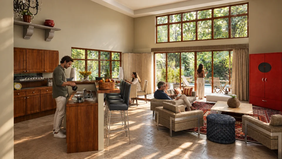 Interior rendering: Living room and kitchen opening onto greenery